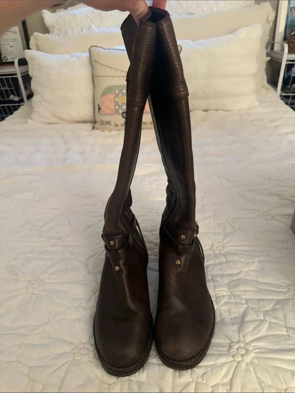 Tory Burch Dark Brown Leather Mid-Calf Riding Boots with Gold Logo